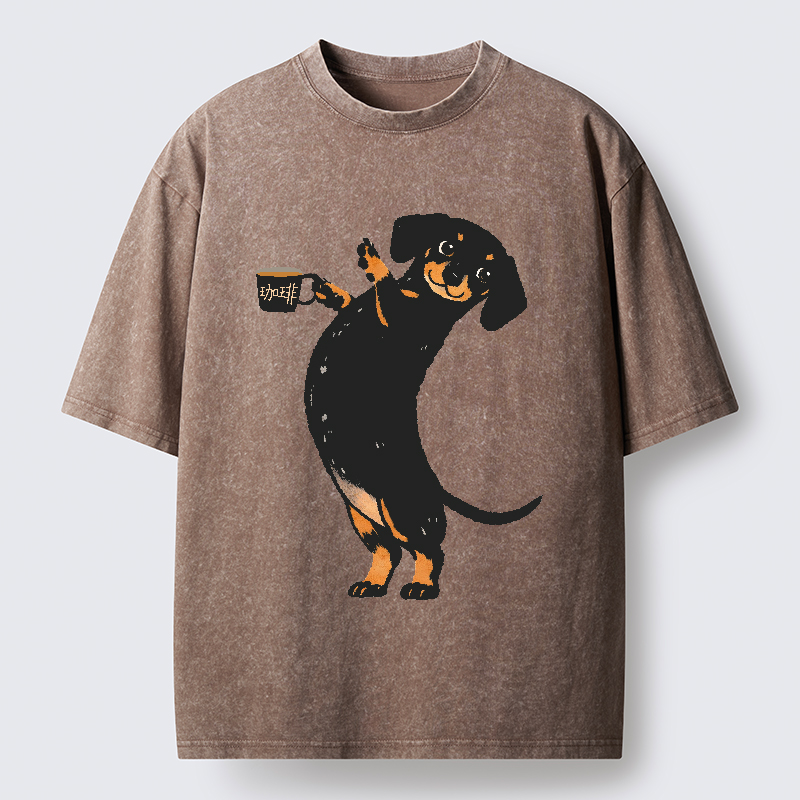 FadedStorm Elegant Coffee Dog Washed T-Shirt