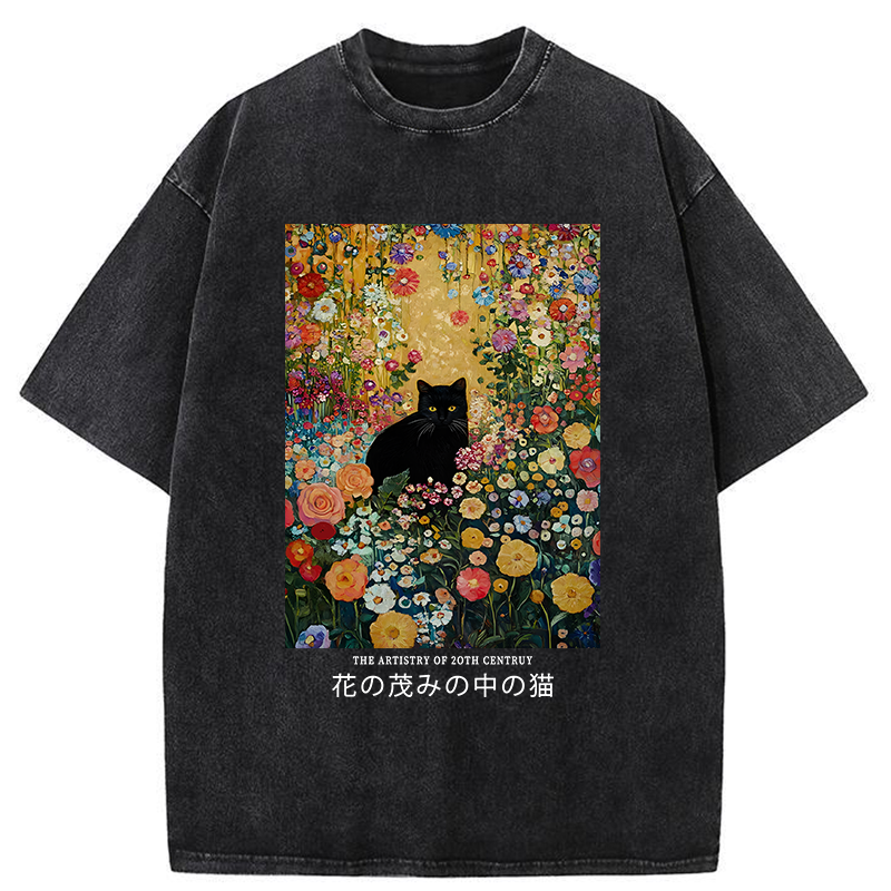 Black Cat In The Flower Bushes Washed T-Shirt