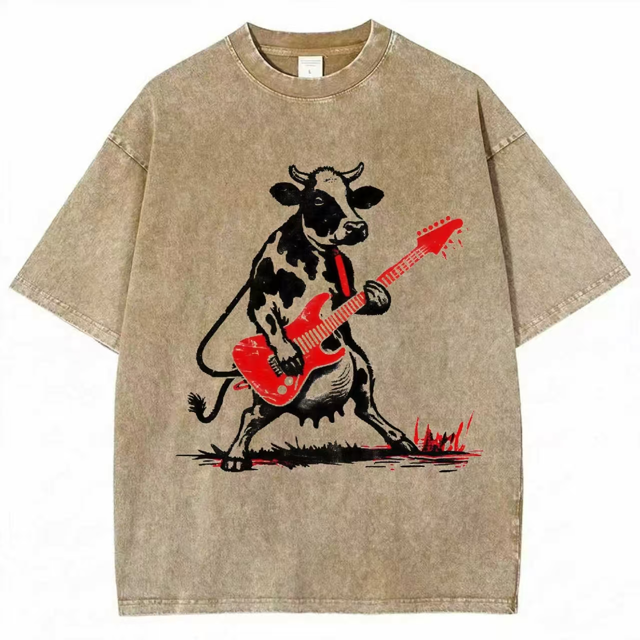 Cow Playing Red Electric Guitar Washed T-Shirt
