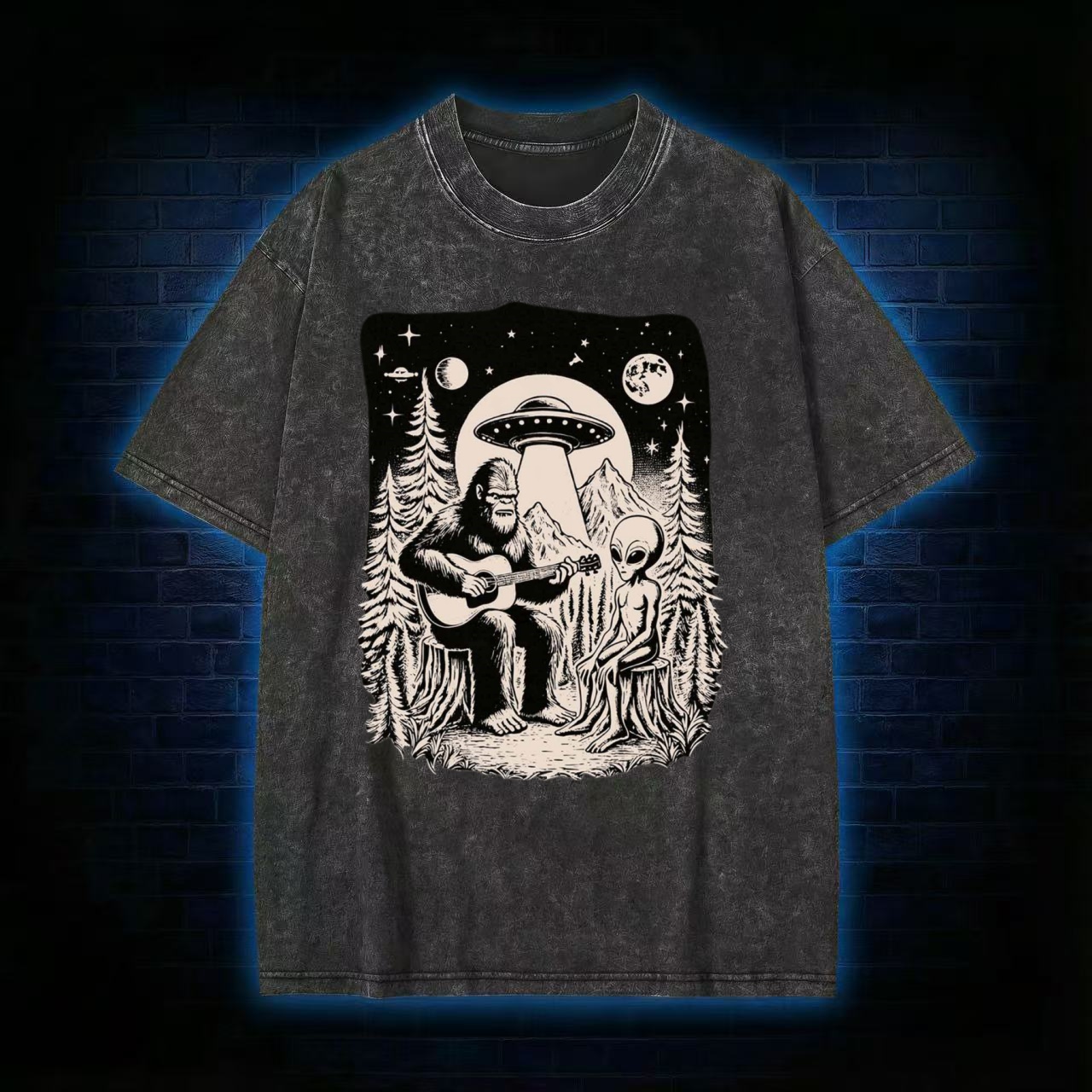 Bigfoot Playing Guitar With Alien and UFO Washed T-shirt