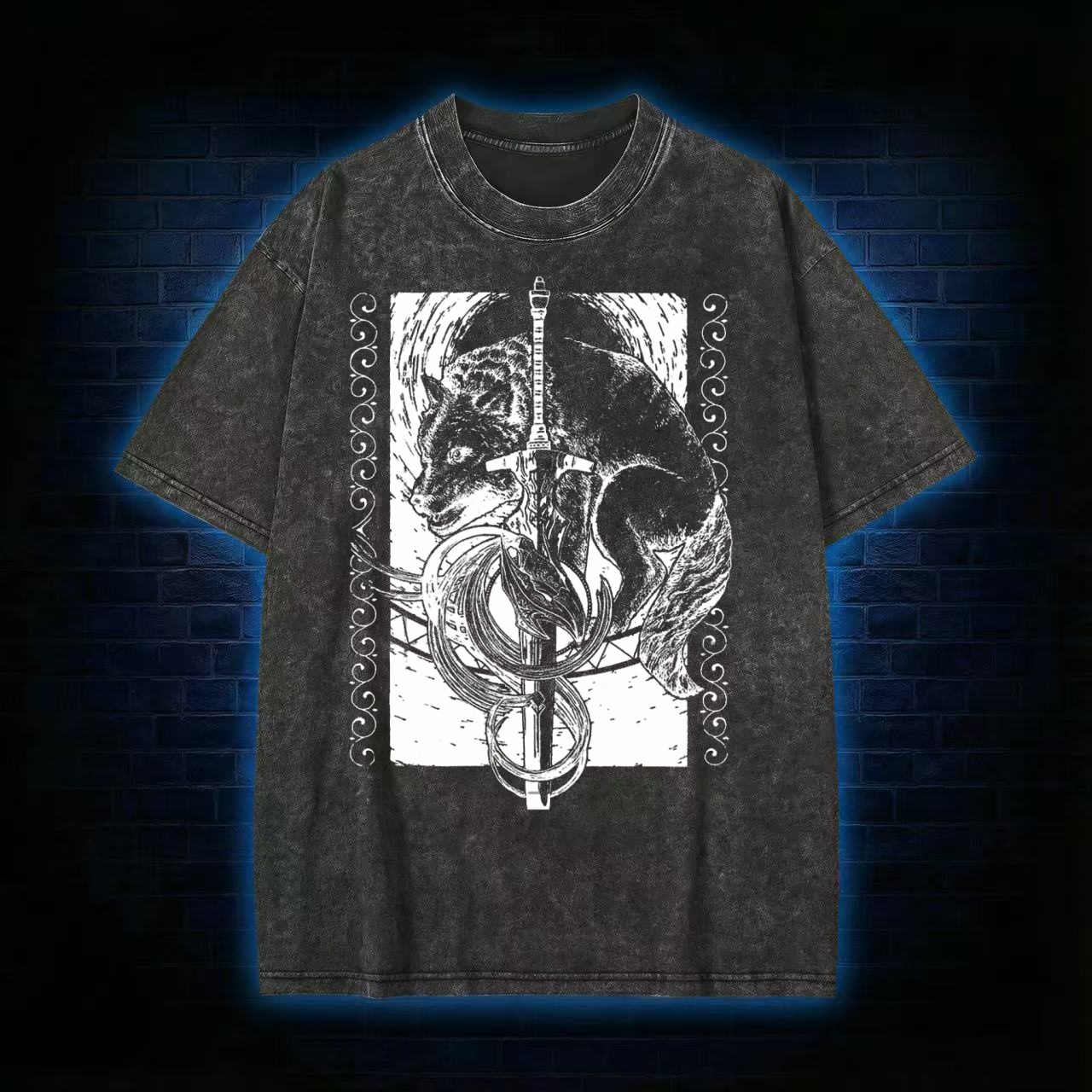 Wolf & Sword Tarot Style Graphic Washed T-shirt