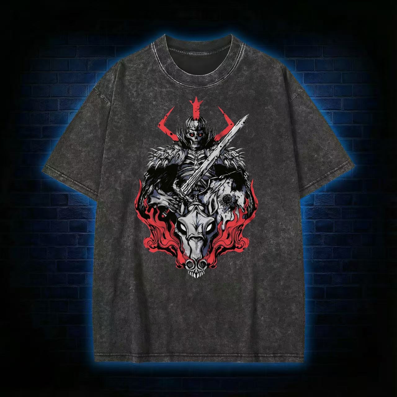 Demonic Skeleton Warrior Dark Fantasy Washed T-shirt