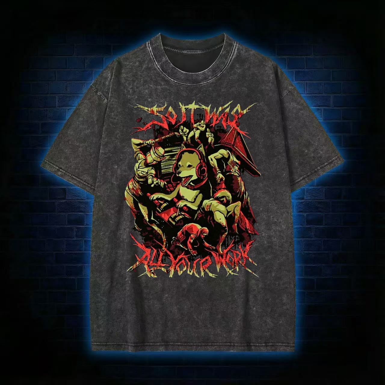 "All Work" Death Metal Meme Washed T-shirt