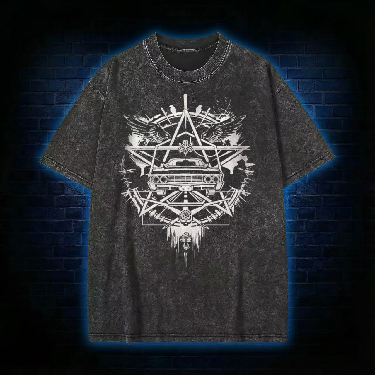 Occult Car Pentagram Graphic Washed T-shirt
