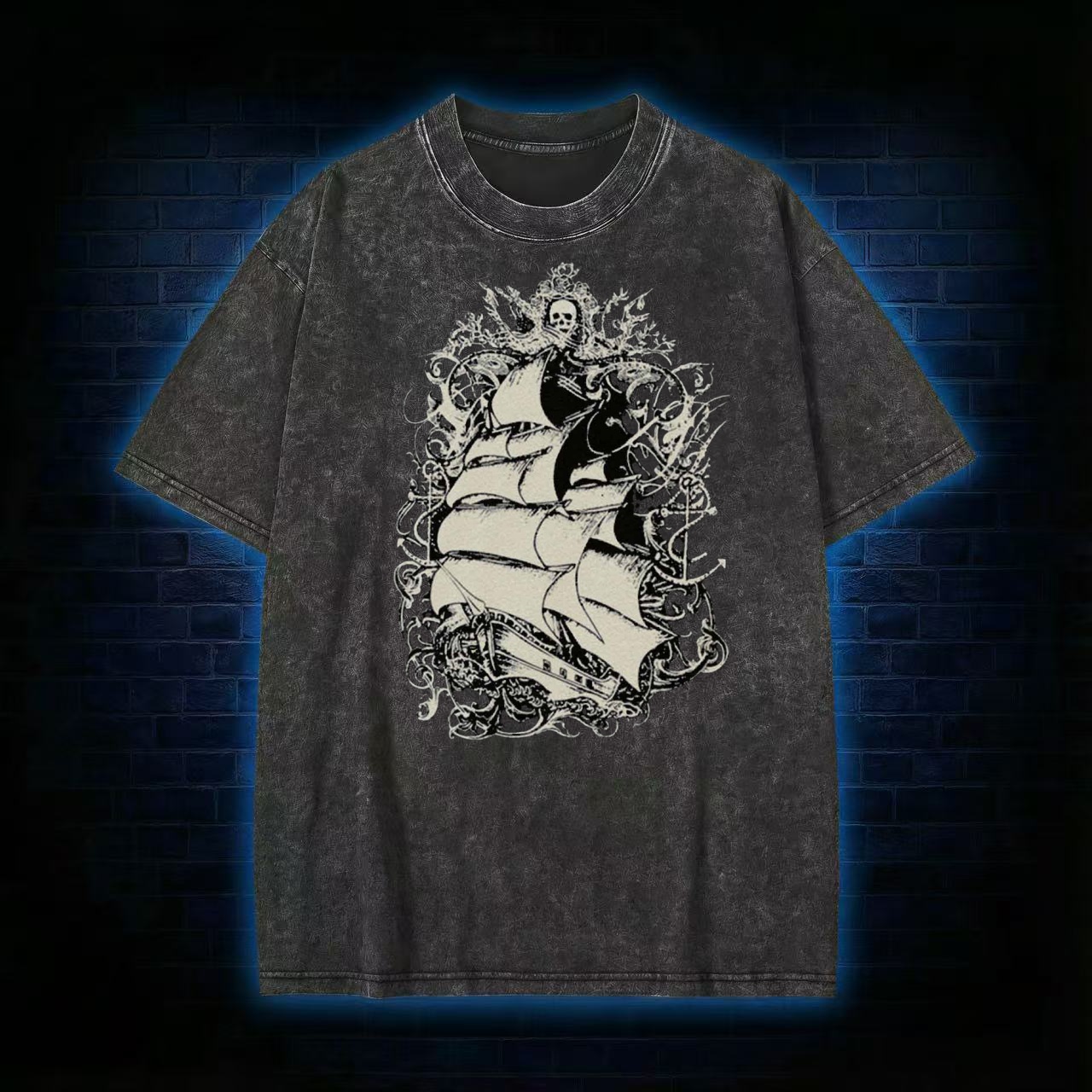 Gothic Kraken & Ship Dark Art Washed T-shirt