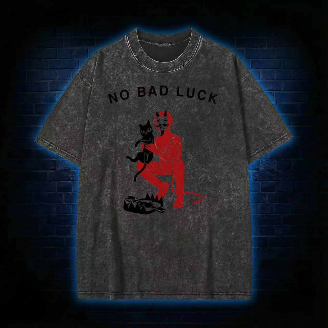 "No Bad Luck" Devil & Black Cat Graphic Washed T-shirt