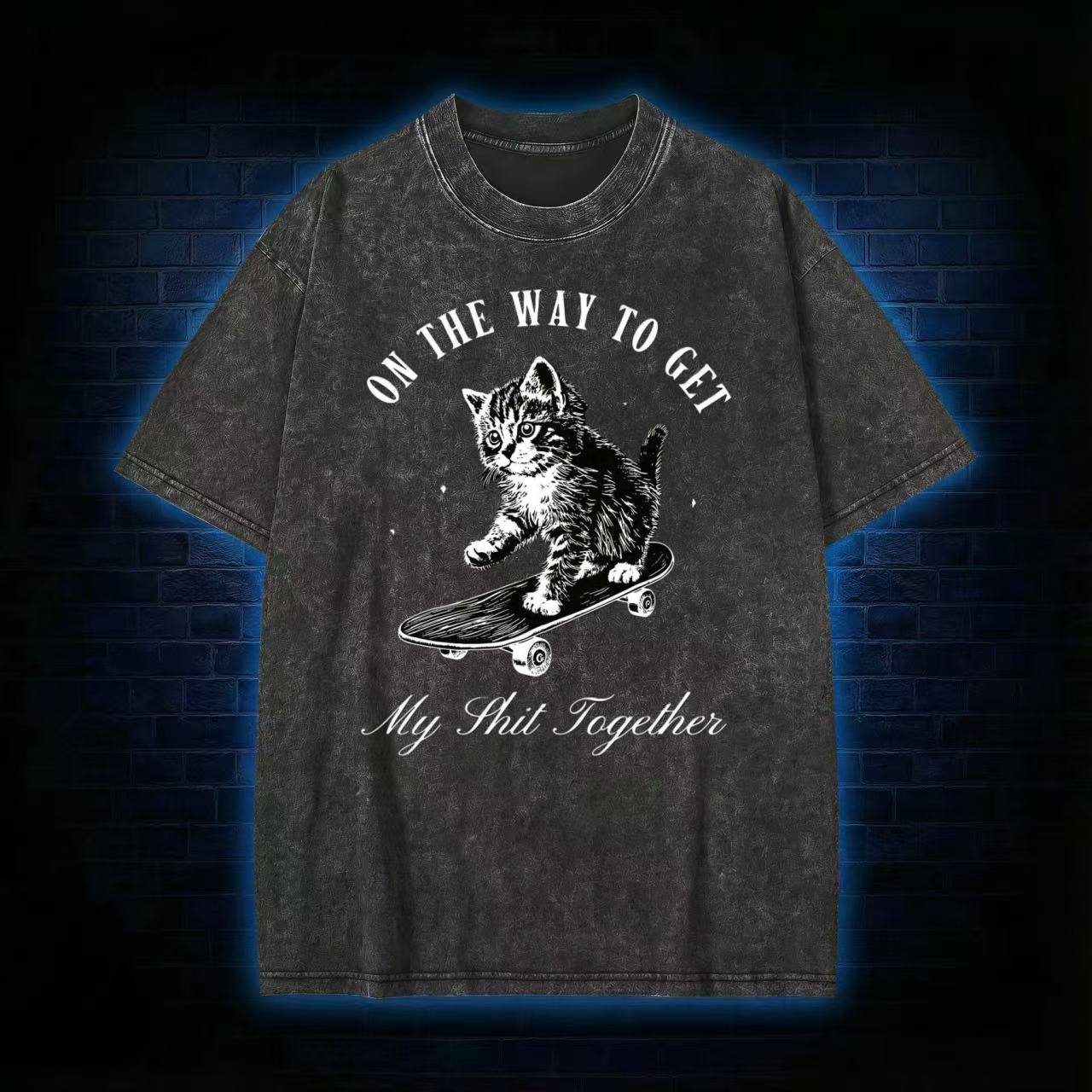 "On The Way To Get My Shit Together" Skate Cat Washed T-shirt
