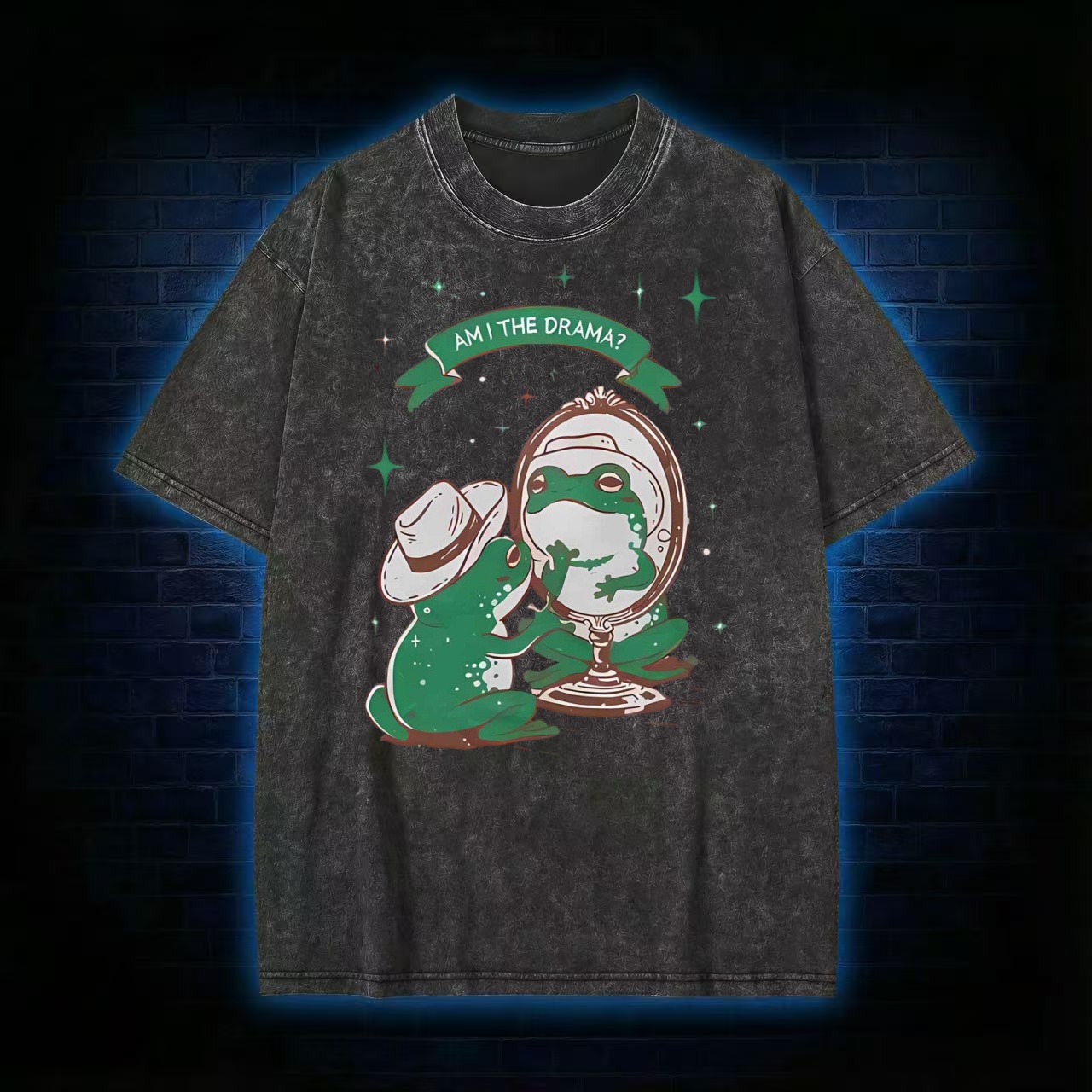 "Am I The Drama?" Cowboy Frog Mirror Humor Washed T-shirt
