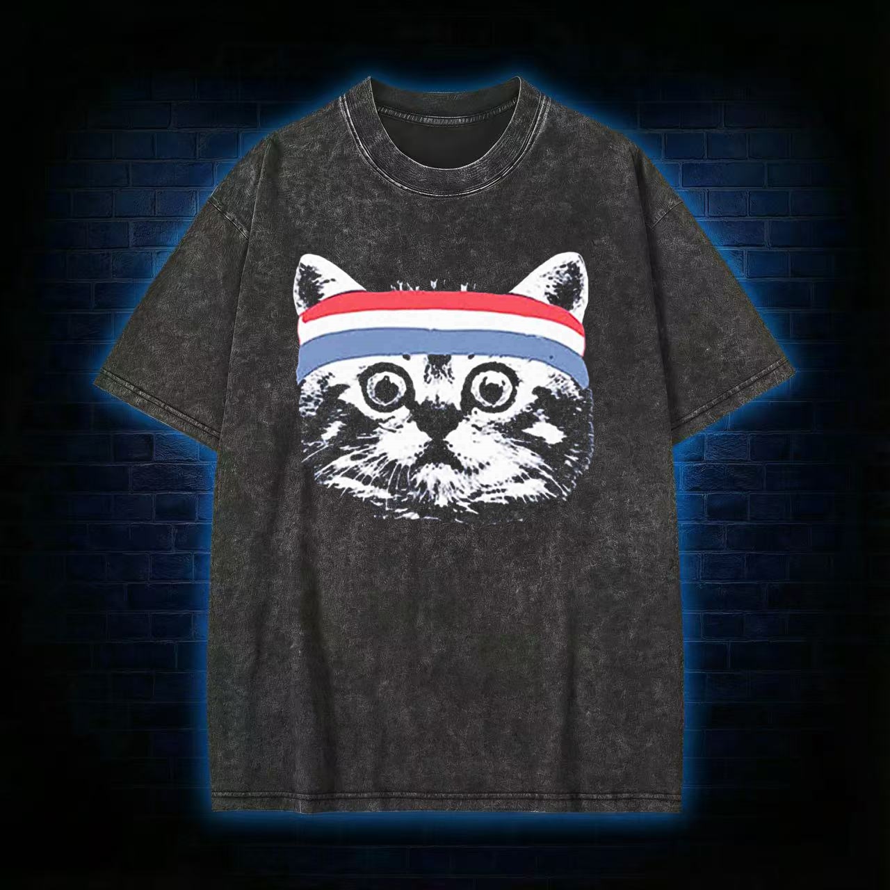 Retro Workout Cat With Headband Washed T-shirt