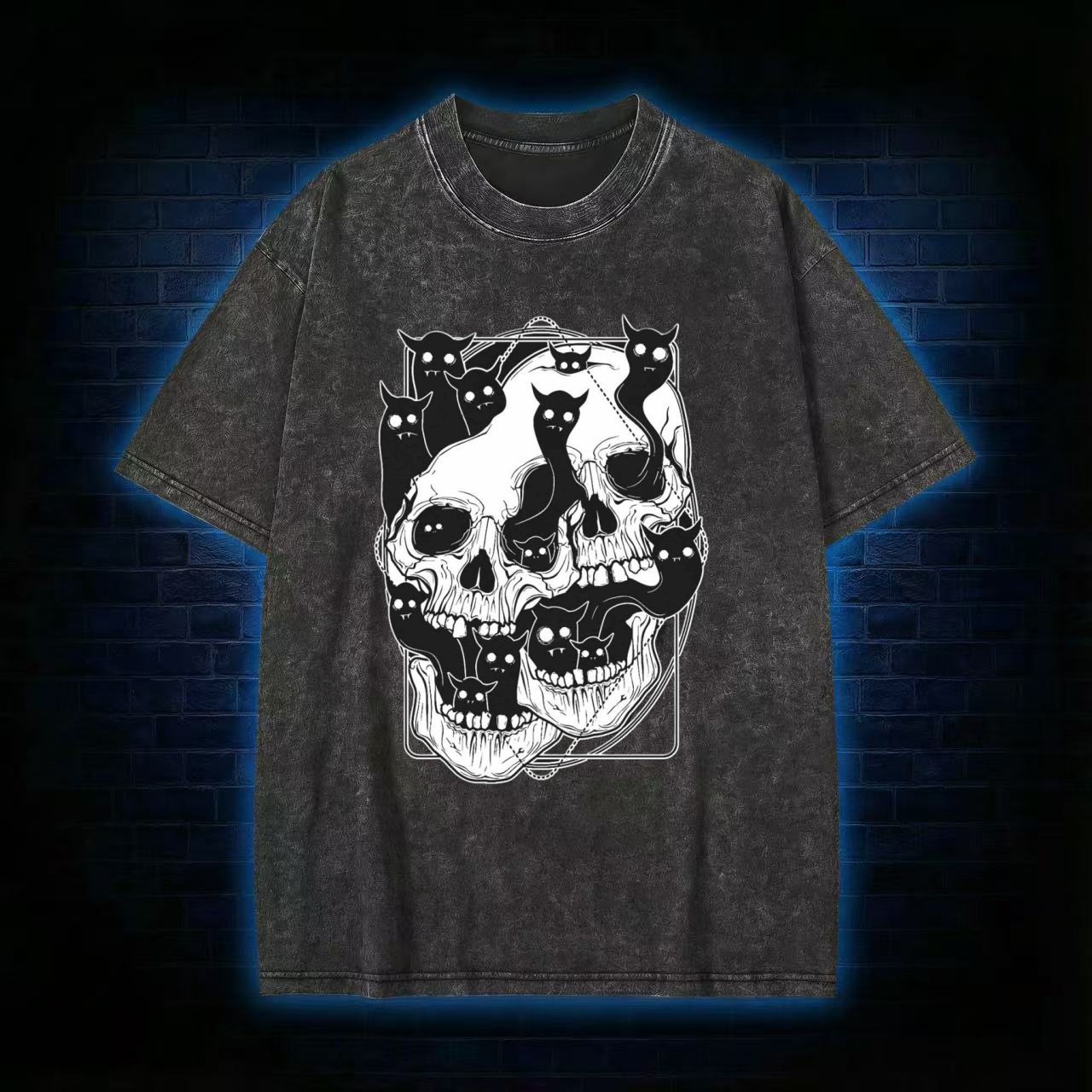 Skull & Cats Dark Aesthetic Washed T-shirt