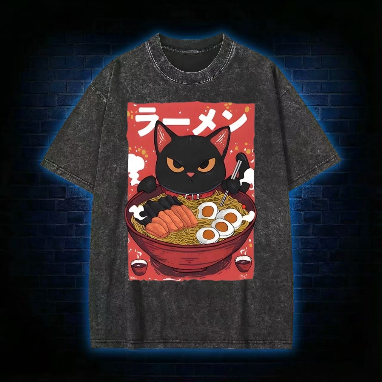 Ramen Black Cat Anime Style Washed T-shirt