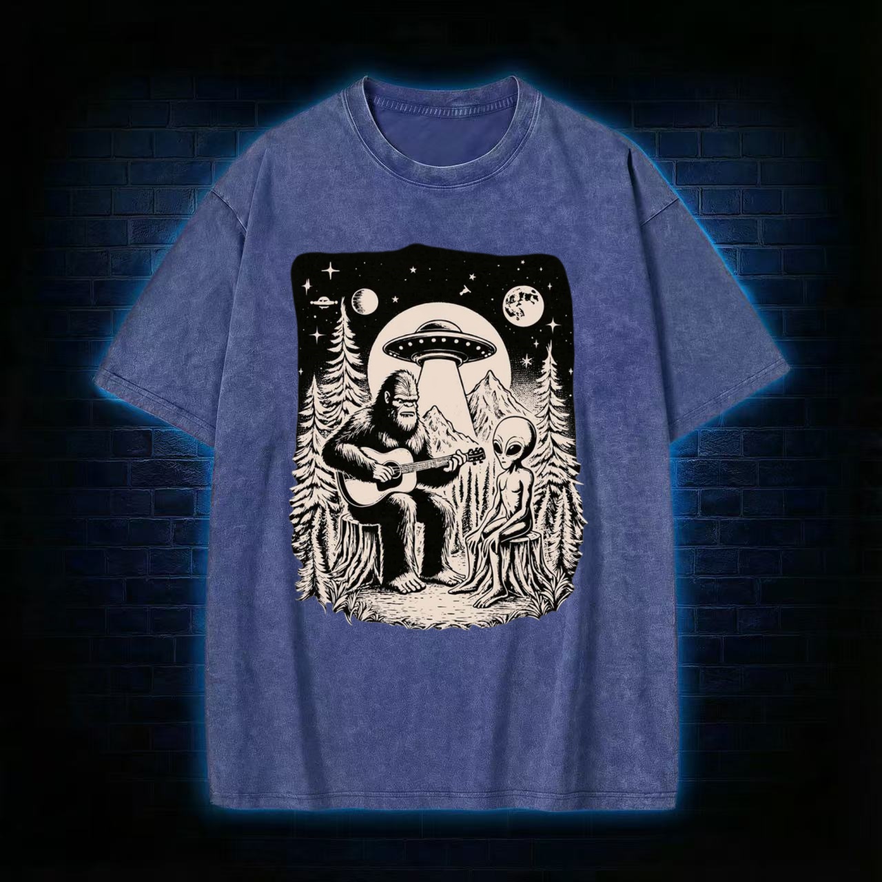 Bigfoot Playing Guitar With Alien and UFO Washed T-shirt
