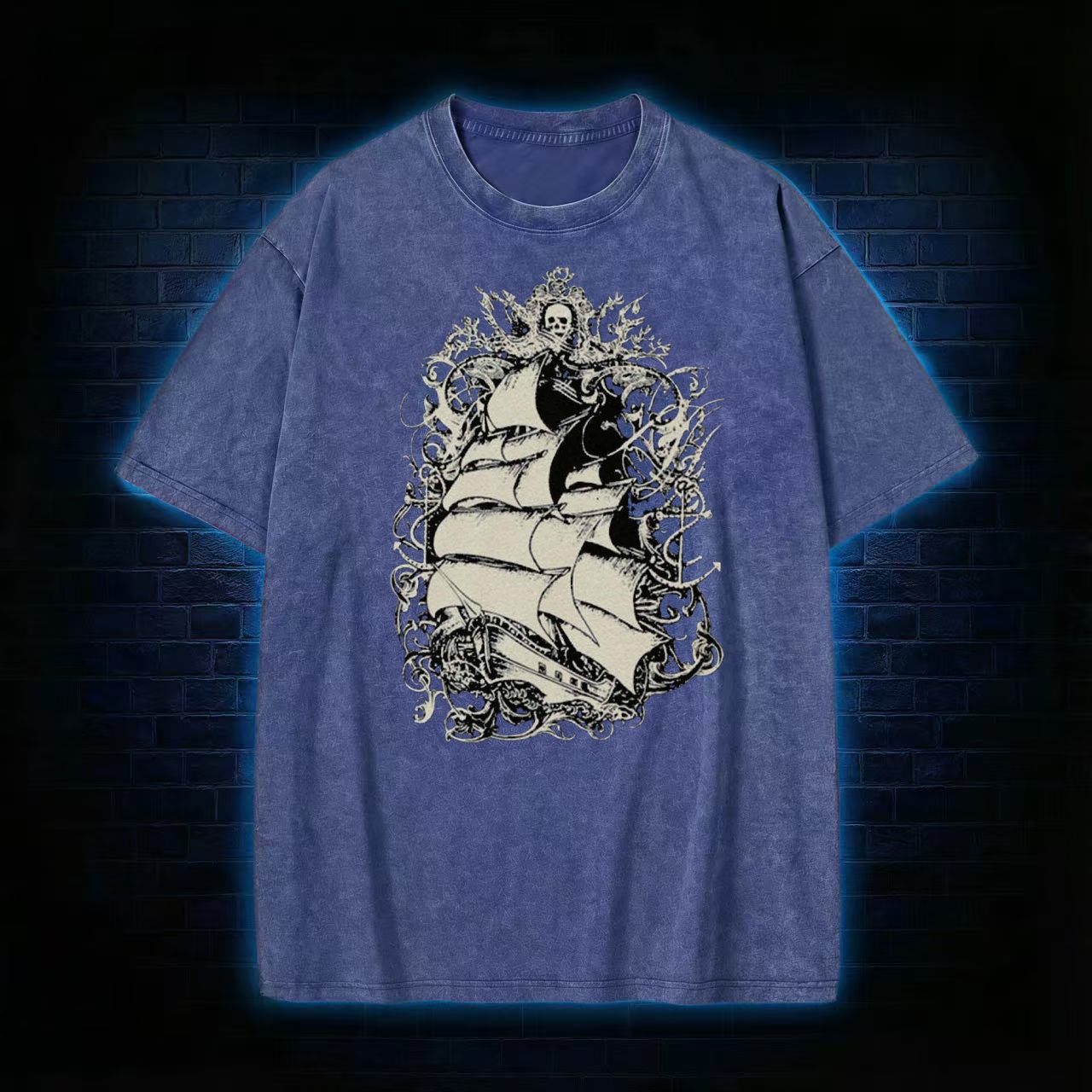 Gothic Kraken & Ship Dark Art Washed T-shirt