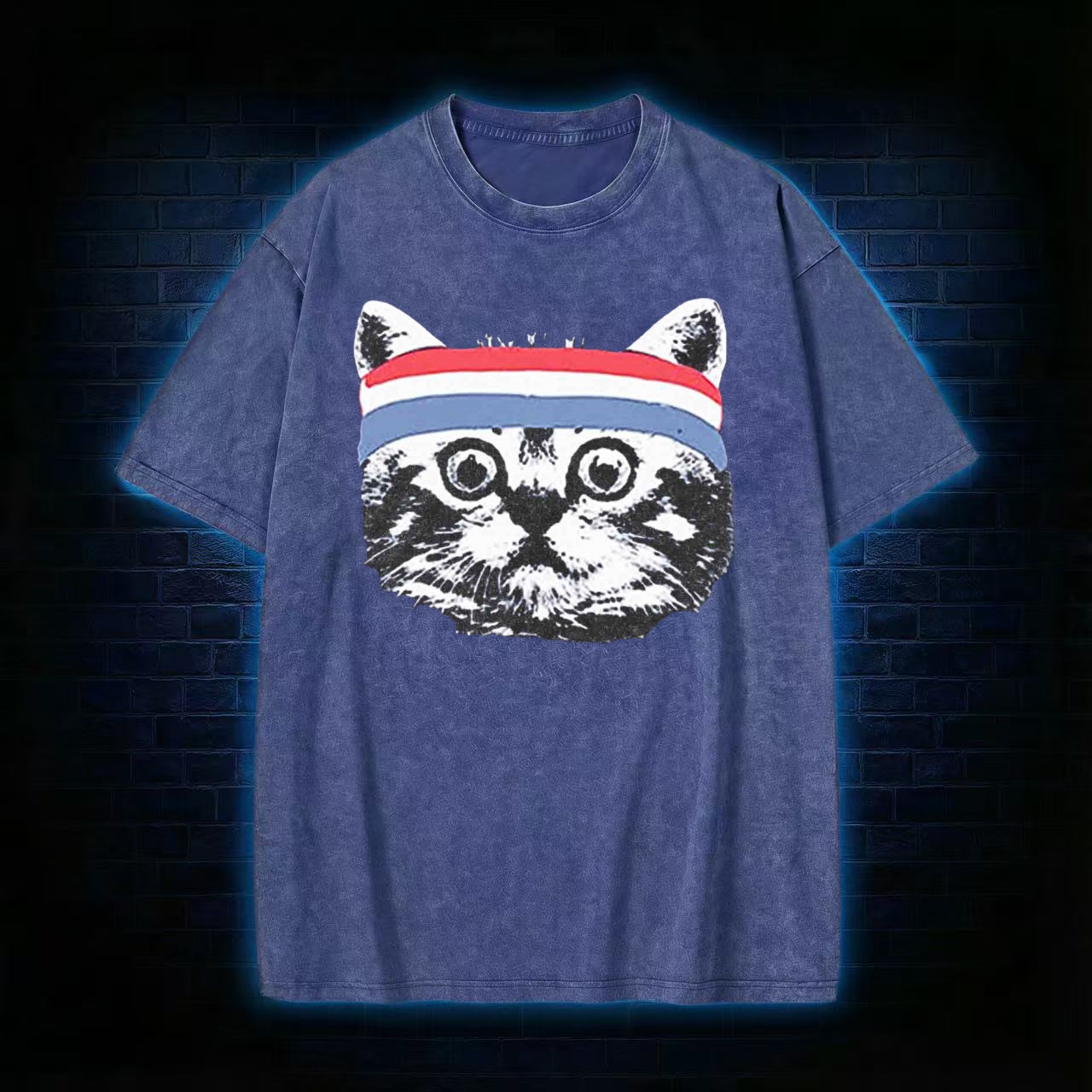 Retro Workout Cat With Headband Washed T-shirt