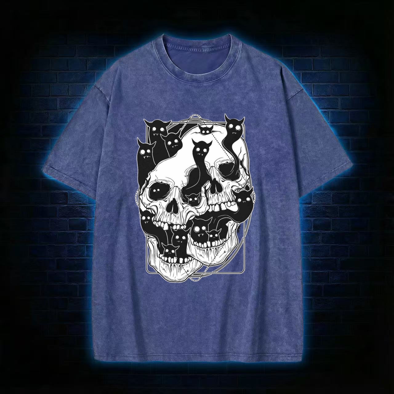 Skull & Cats Dark Aesthetic Washed T-shirt