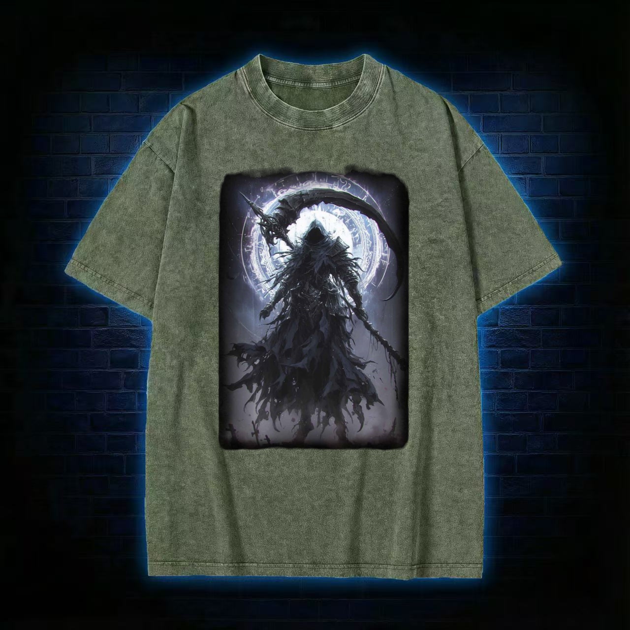 Grim Reaper With Scythe & Arcane Circle Washed T-shirt