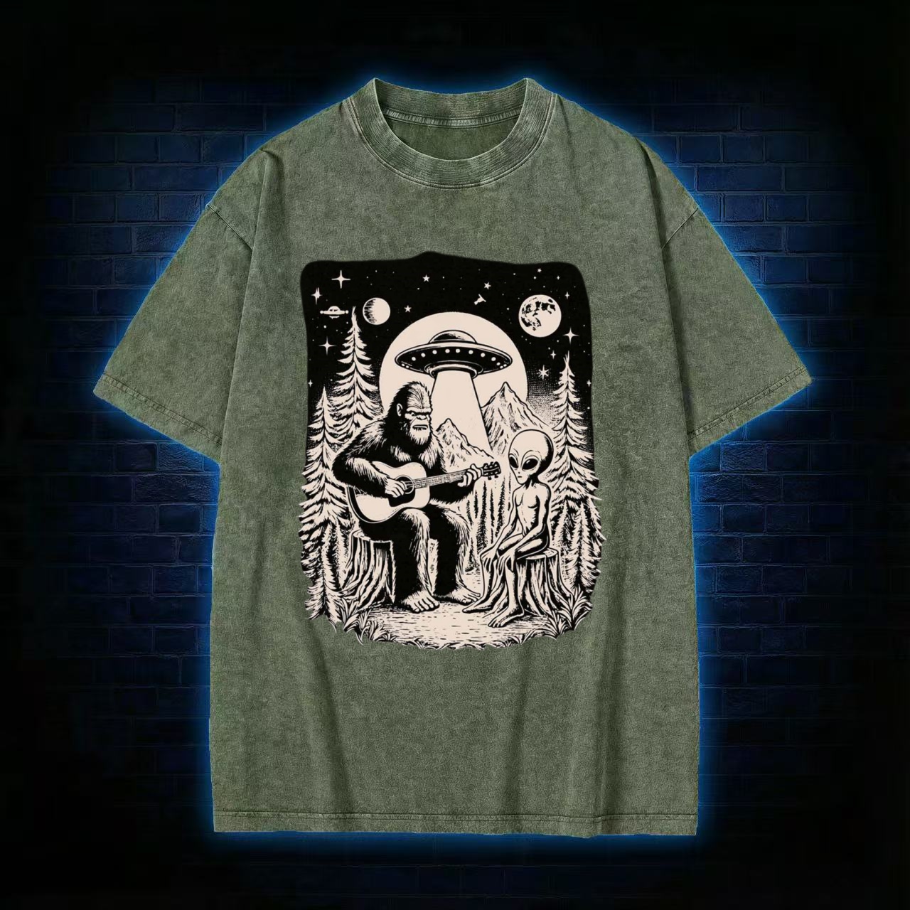 Bigfoot Playing Guitar With Alien and UFO Washed T-shirt
