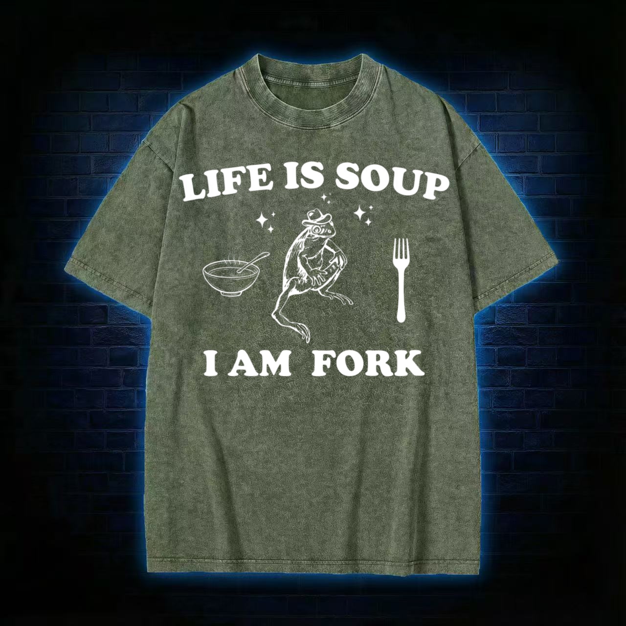"Life Is Soup I Am Fork" Frog Humor Washed T-shirt