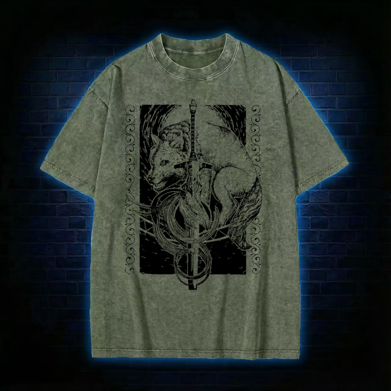 Wolf & Sword Tarot Style Graphic Washed T-shirt