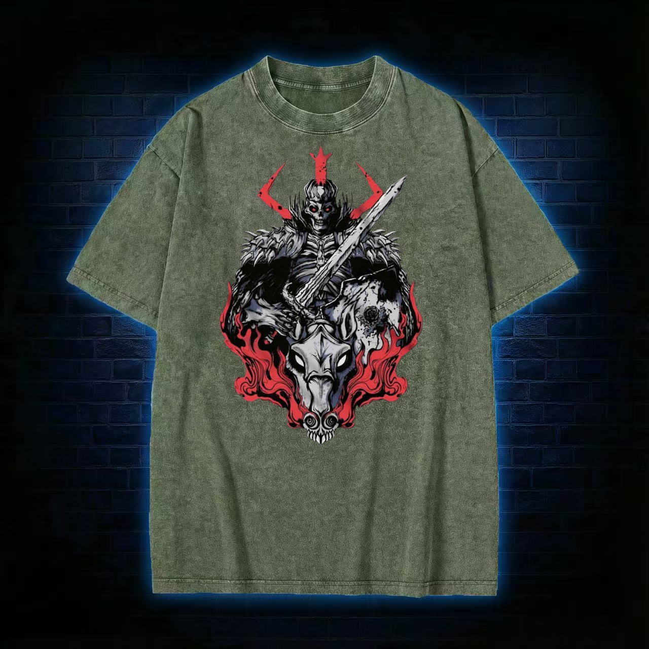 Demonic Skeleton Warrior Dark Fantasy Washed T-shirt