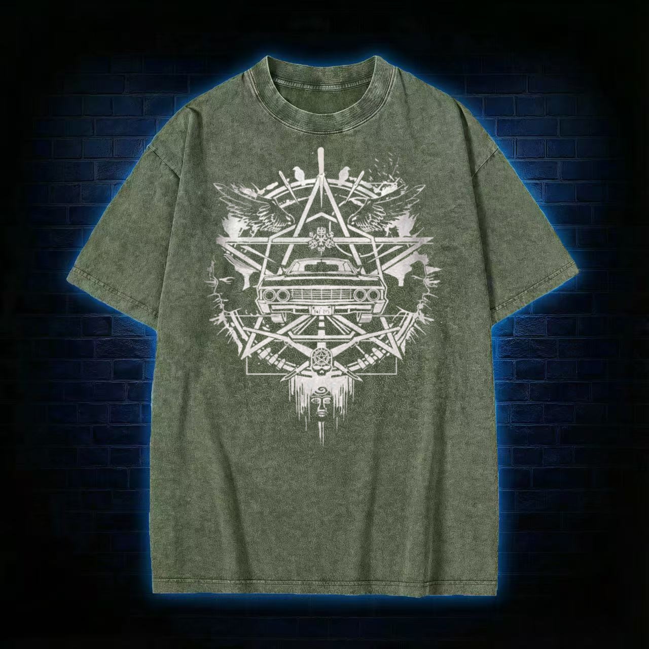 Occult Car Pentagram Graphic Washed T-shirt