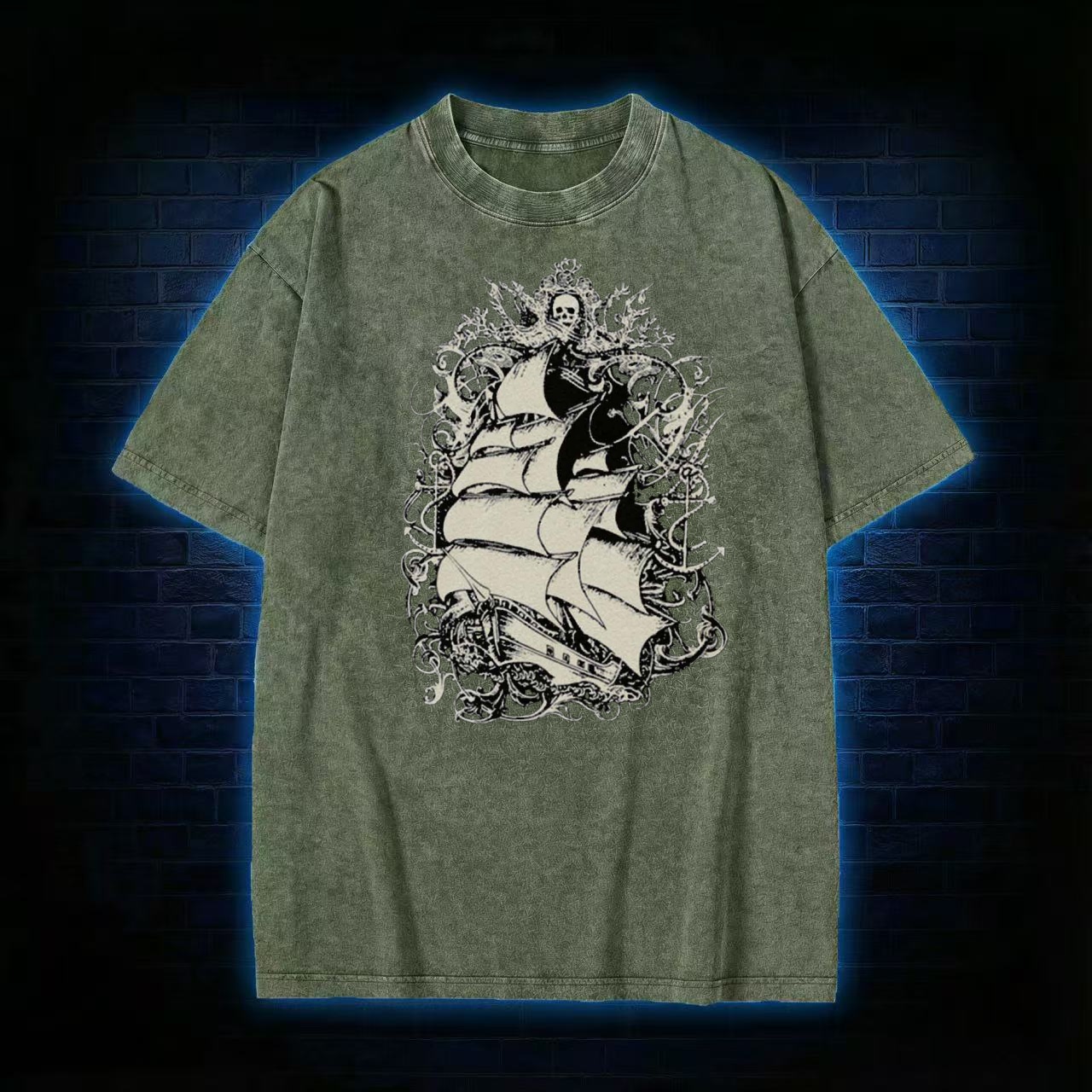 Gothic Kraken & Ship Dark Art Washed T-shirt