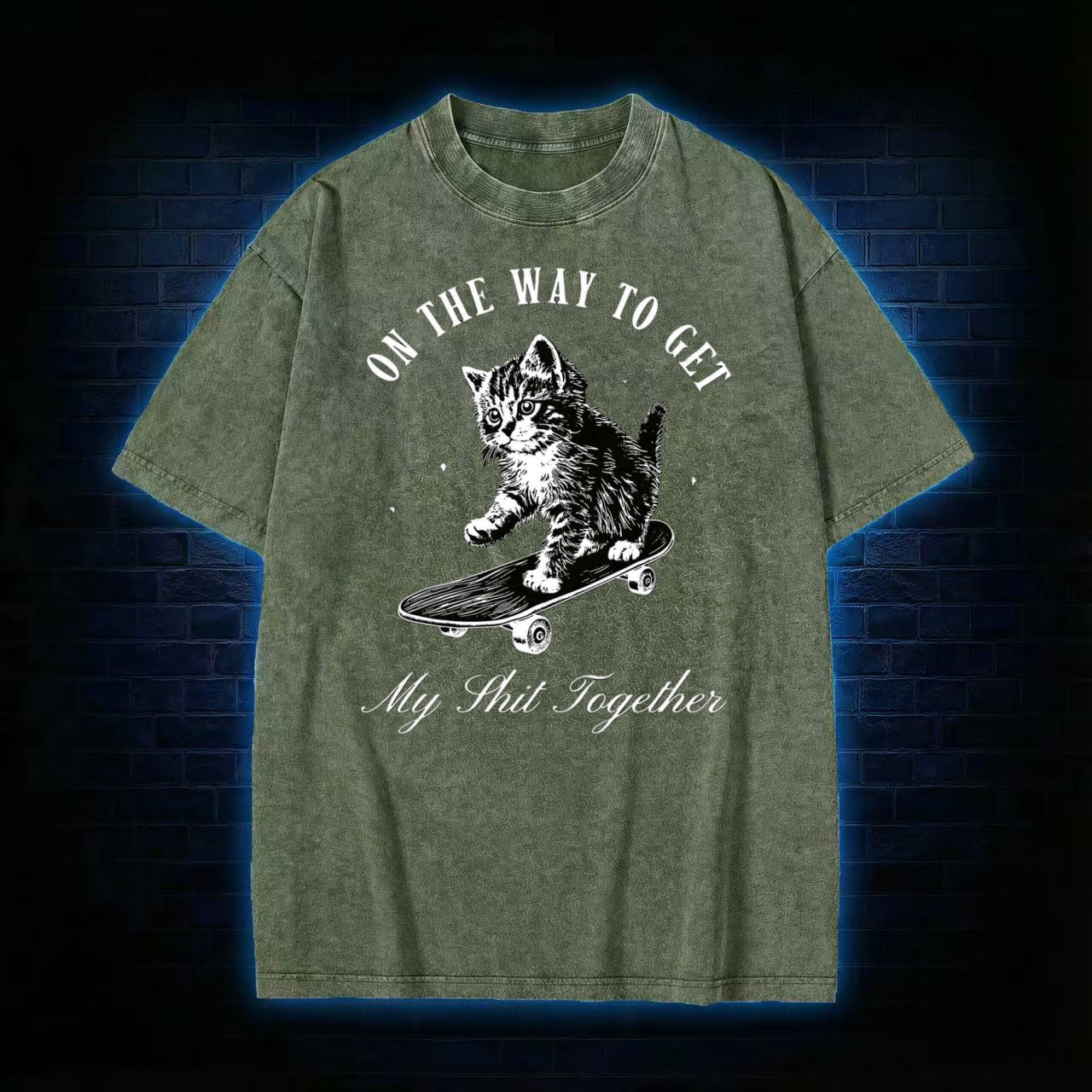 "On The Way To Get My Shit Together" Skate Cat Washed T-shirt