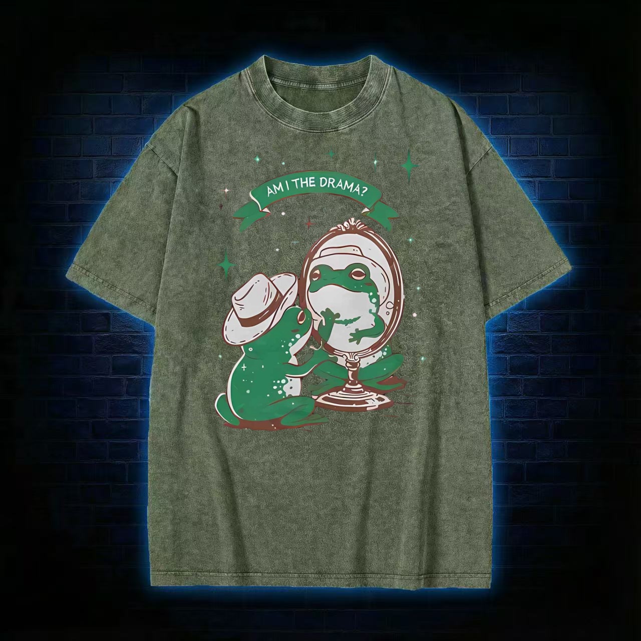 "Am I The Drama?" Cowboy Frog Mirror Humor Washed T-shirt