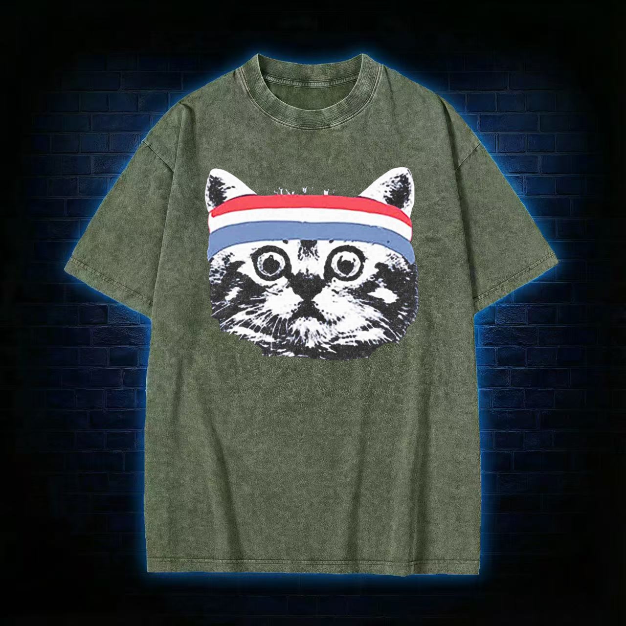 Retro Workout Cat With Headband Washed T-shirt