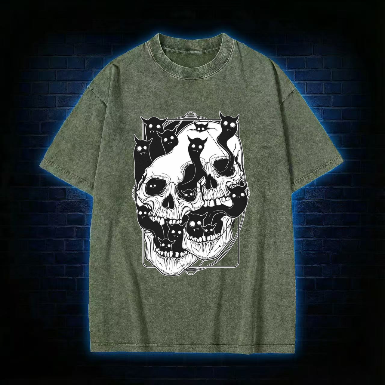 Skull & Cats Dark Aesthetic Washed T-shirt