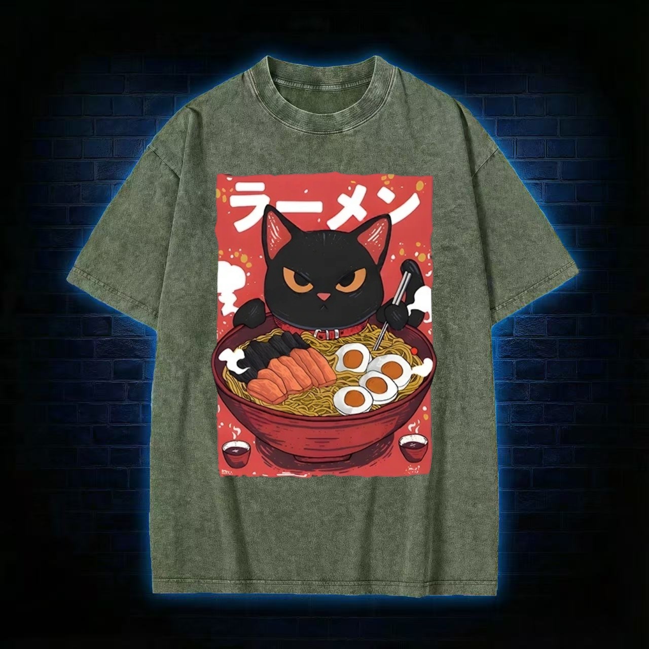 Ramen Black Cat Anime Style Washed T-shirt