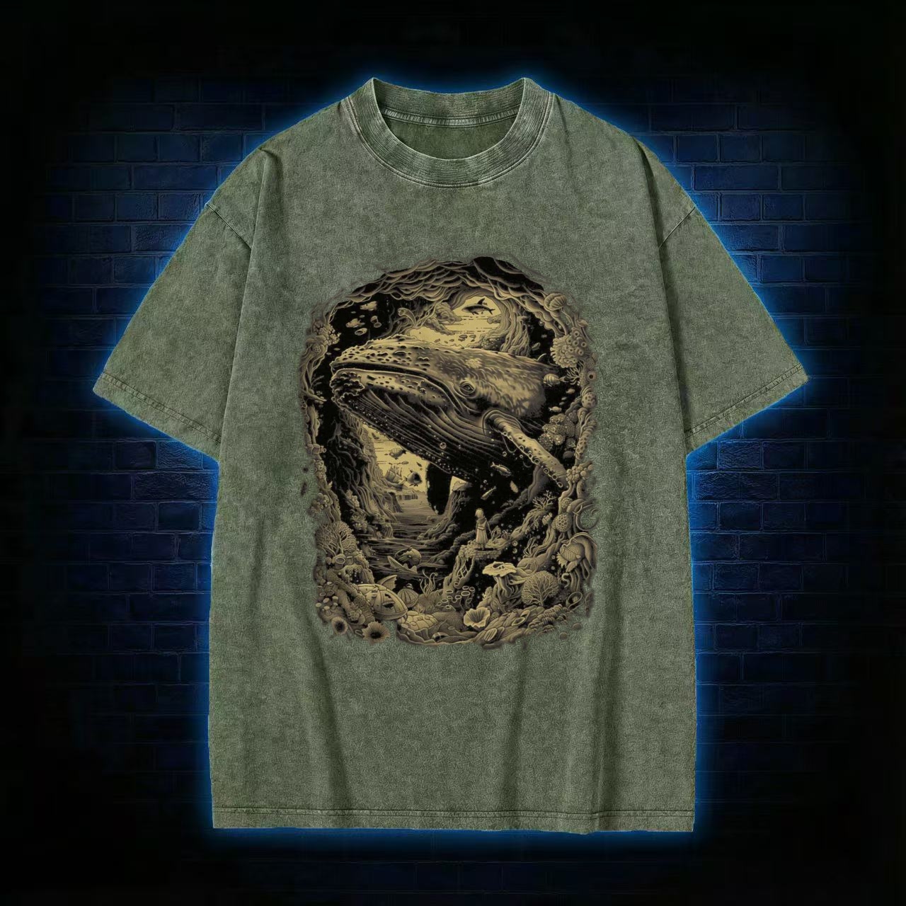 Whale & Ocean Surreal Art Washed T-shirt
