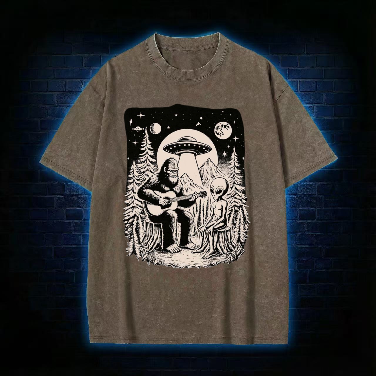 Bigfoot Playing Guitar With Alien and UFO Washed T-shirt