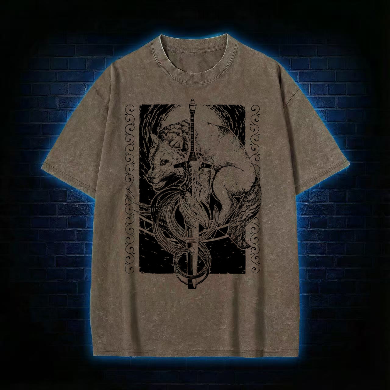 Wolf & Sword Tarot Style Graphic Washed T-shirt