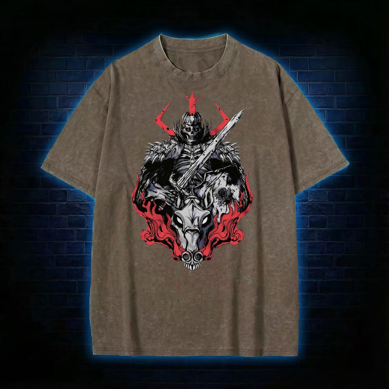 Demonic Skeleton Warrior Dark Fantasy Washed T-shirt