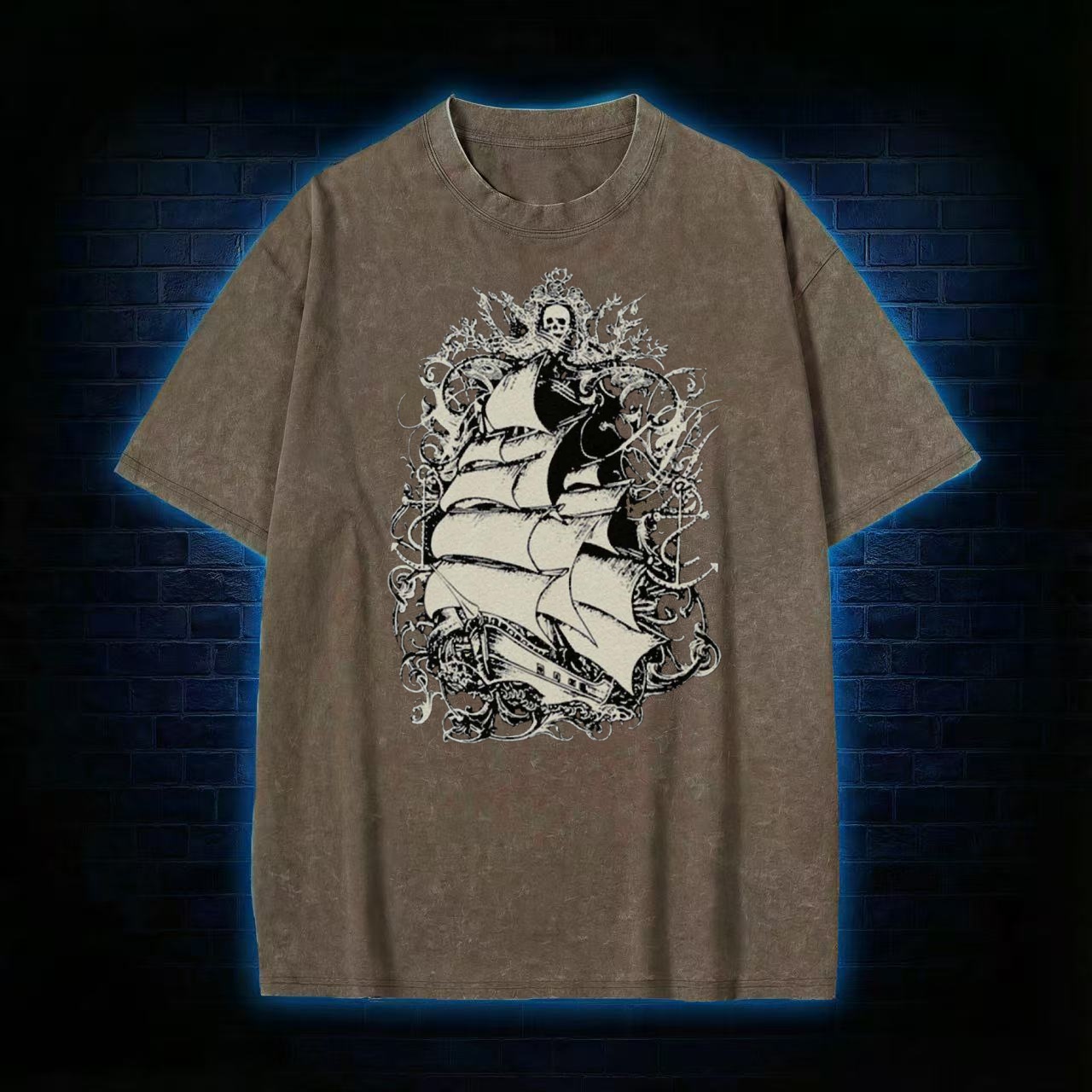 Gothic Kraken & Ship Dark Art Washed T-shirt