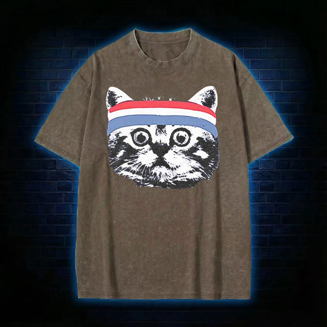 Retro Workout Cat With Headband Washed T-shirt