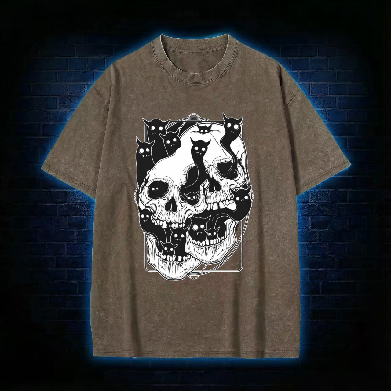 Skull & Cats Dark Aesthetic Washed T-shirt