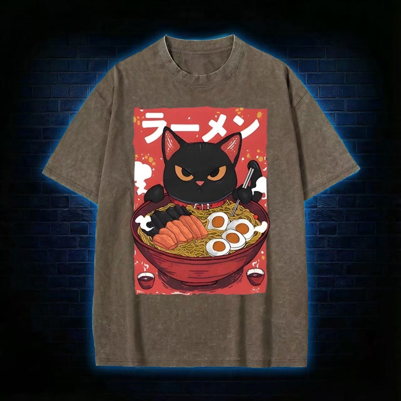 Ramen Black Cat Anime Style Washed T-shirt