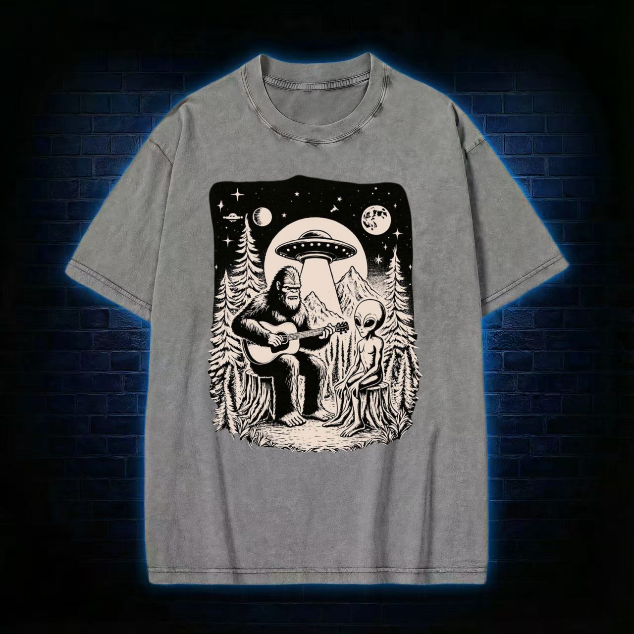 Bigfoot Playing Guitar With Alien and UFO Washed T-shirt