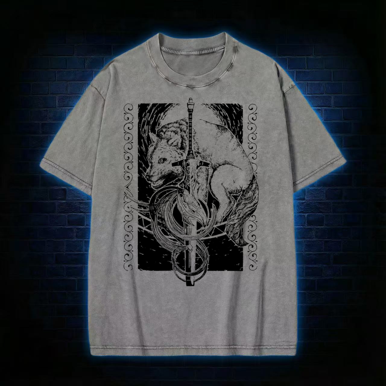 Wolf & Sword Tarot Style Graphic Washed T-shirt