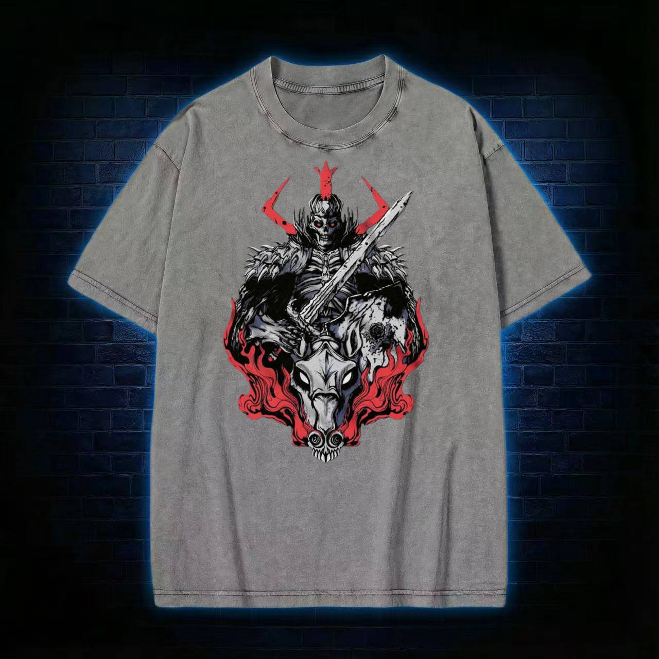 Demonic Skeleton Warrior Dark Fantasy Washed T-shirt