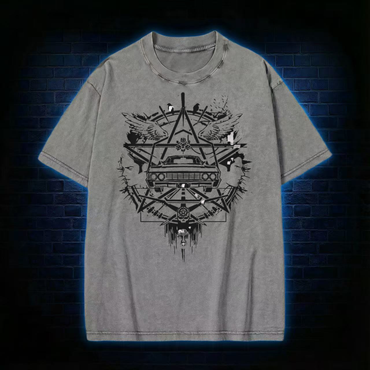 Occult Car Pentagram Graphic Washed T-shirt