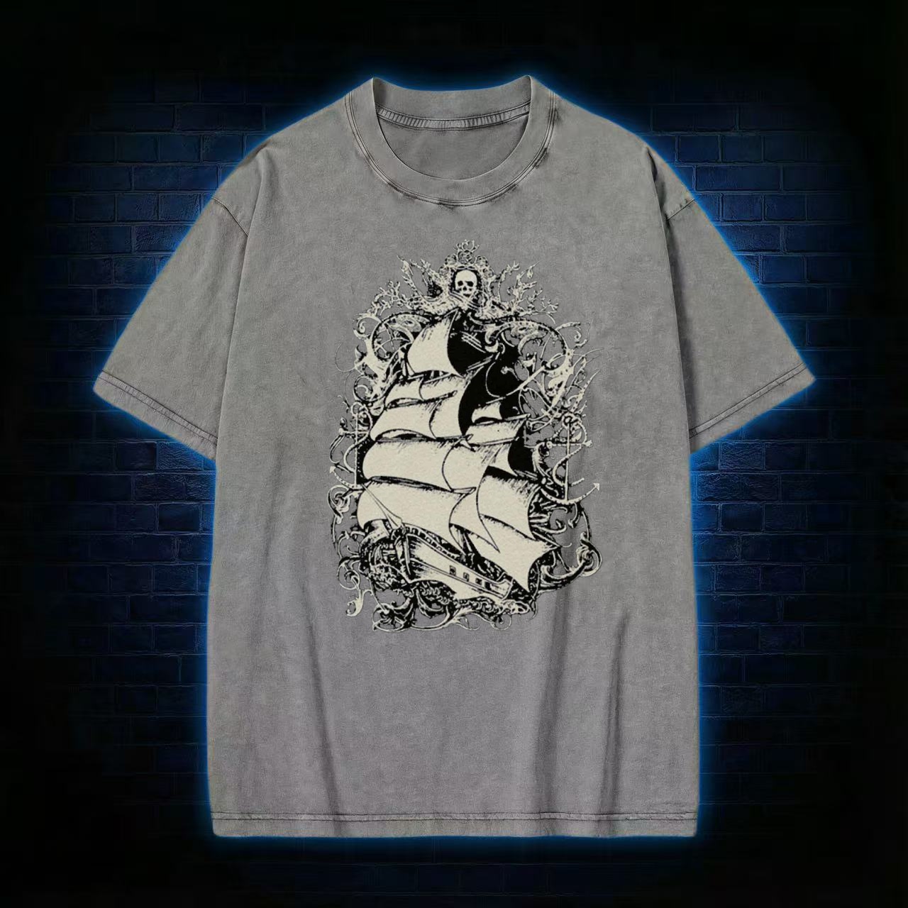 Gothic Kraken & Ship Dark Art Washed T-shirt