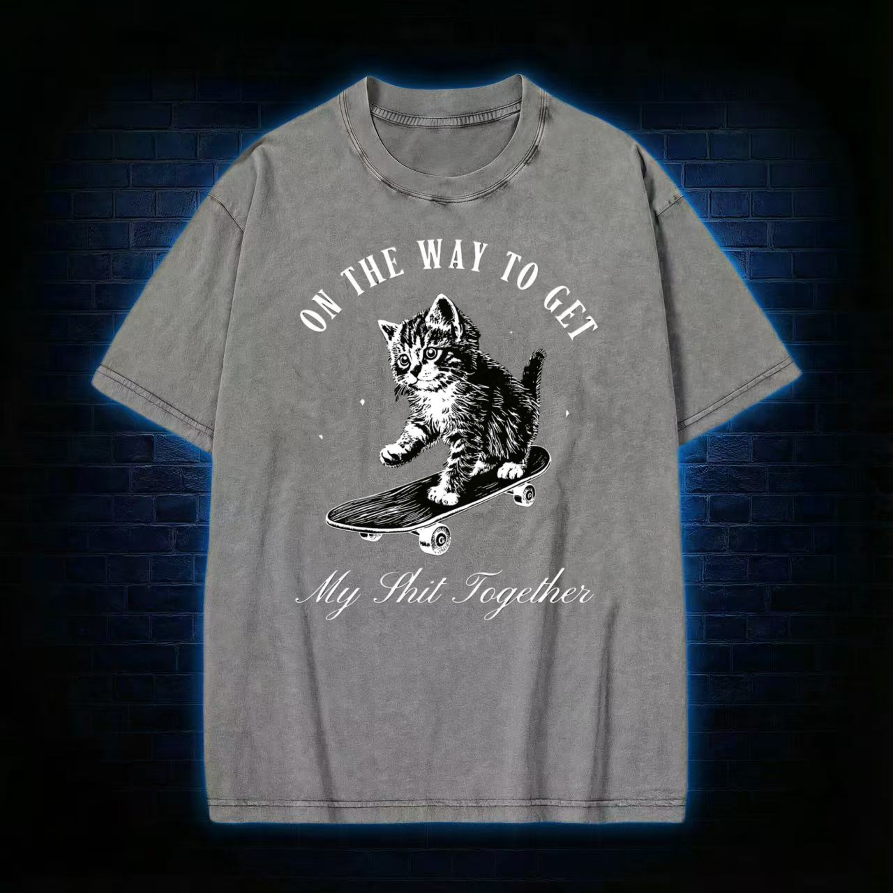 "On The Way To Get My Shit Together" Skate Cat Washed T-shirt
