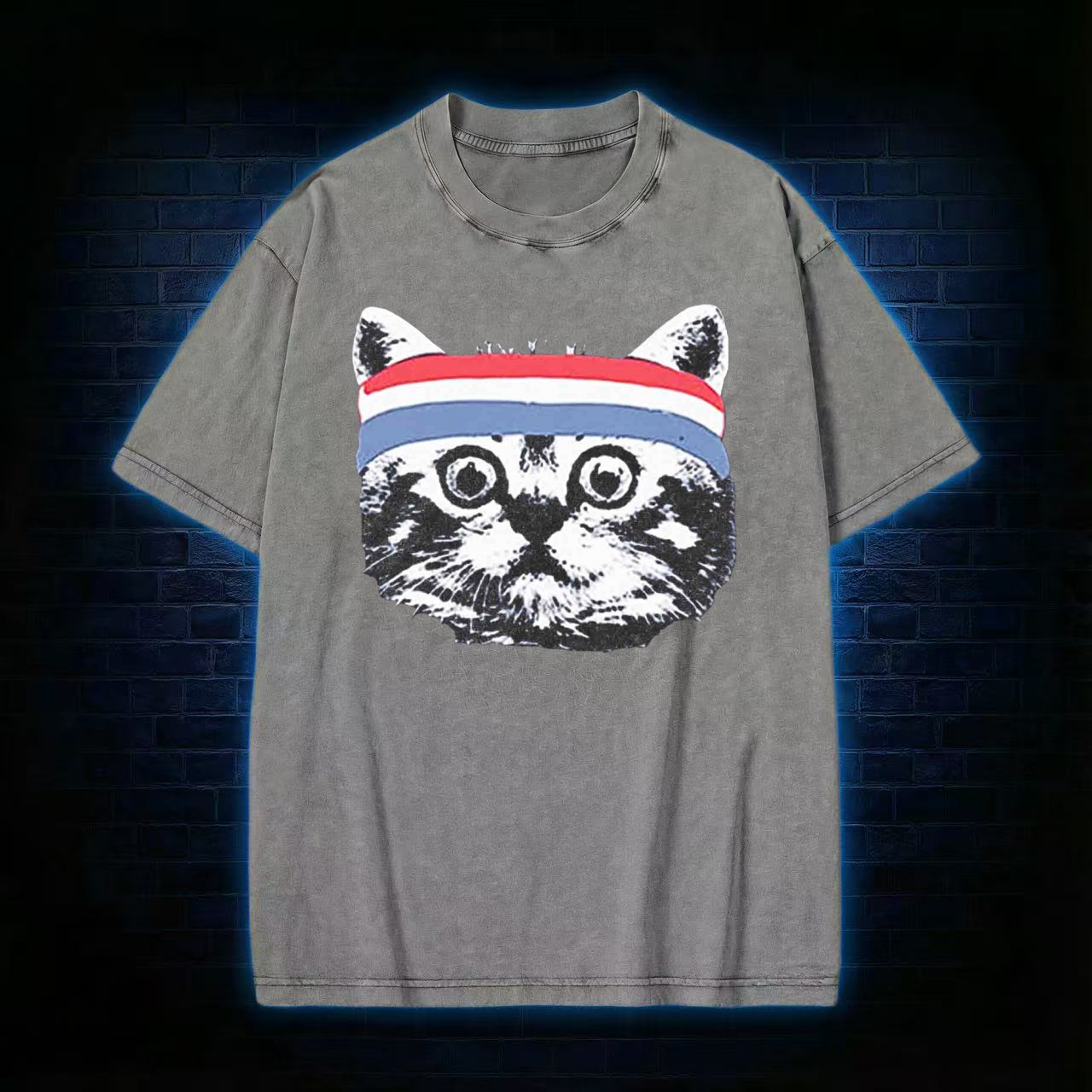Retro Workout Cat With Headband Washed T-shirt