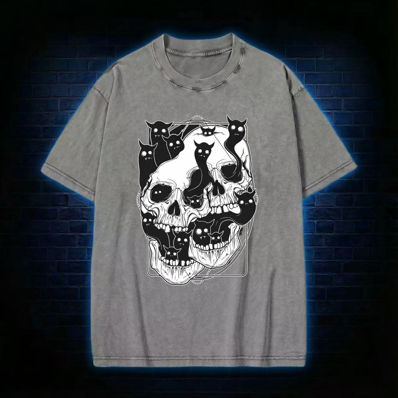 Skull & Cats Dark Aesthetic Washed T-shirt