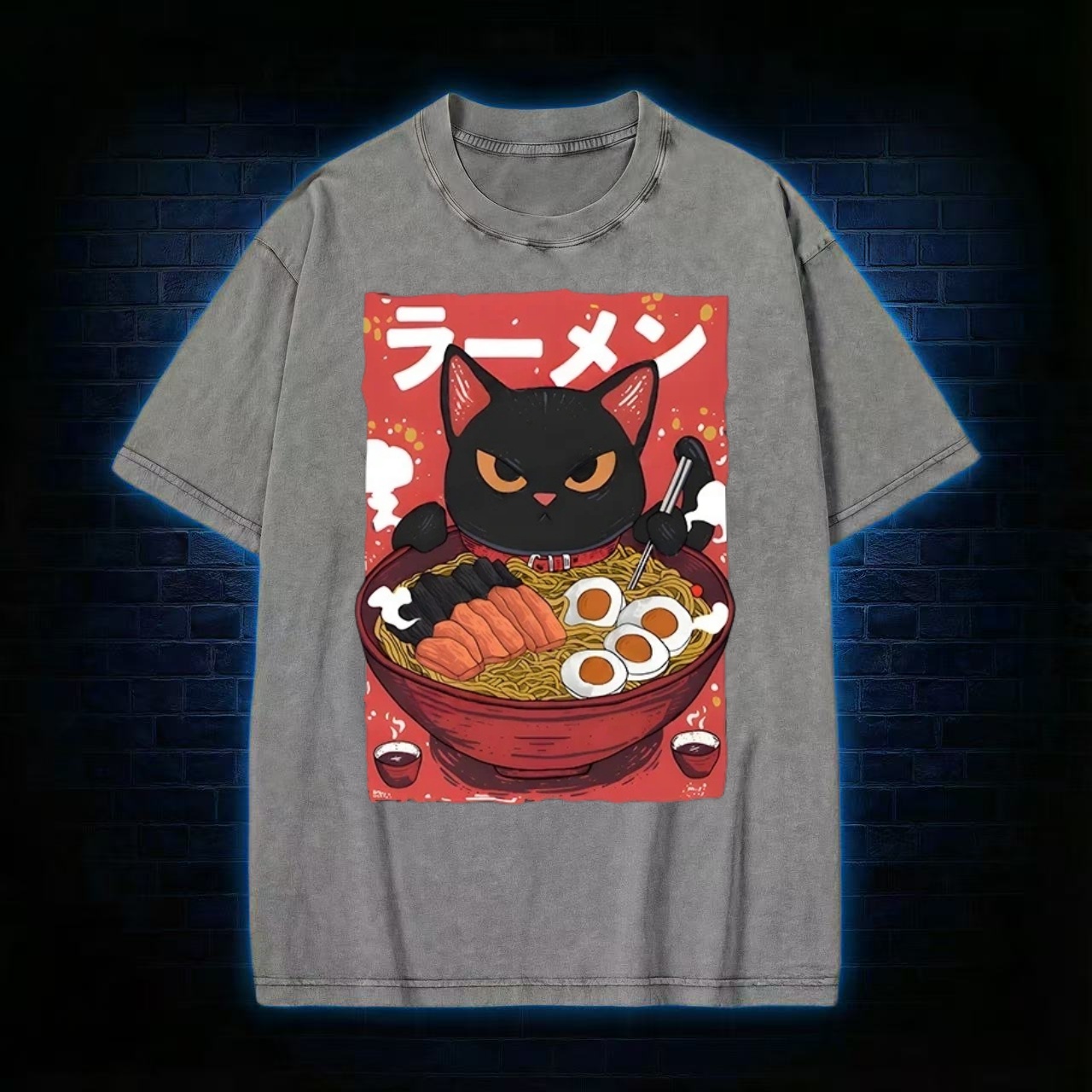 Ramen Black Cat Anime Style Washed T-shirt