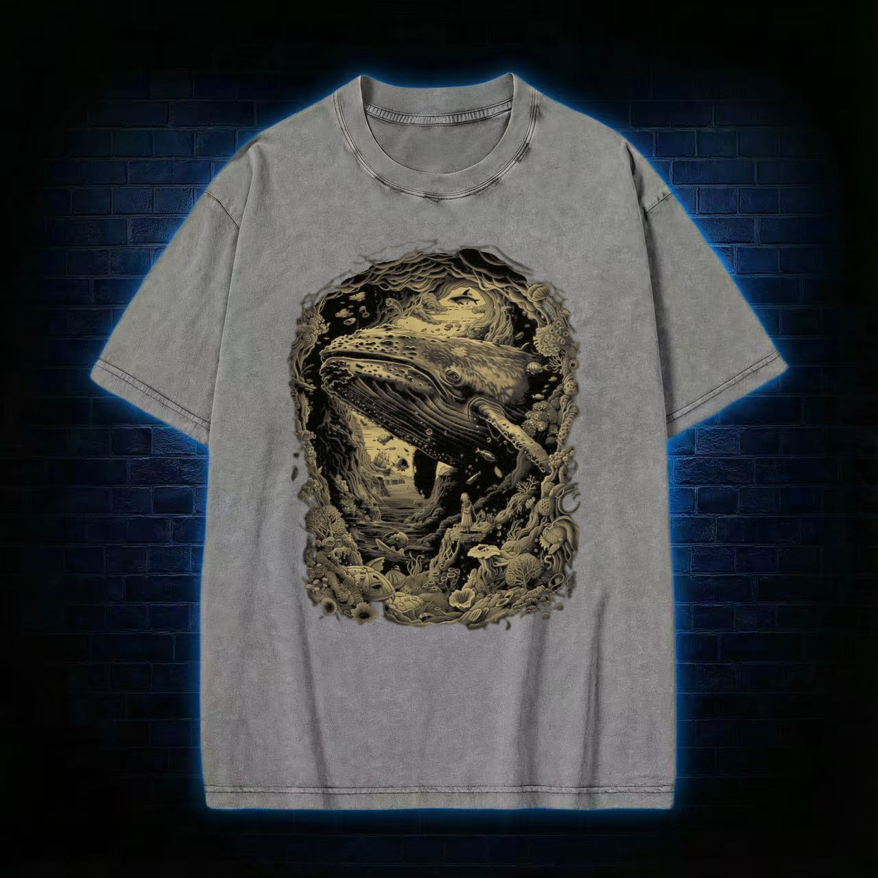 Whale & Ocean Surreal Art Washed T-shirt