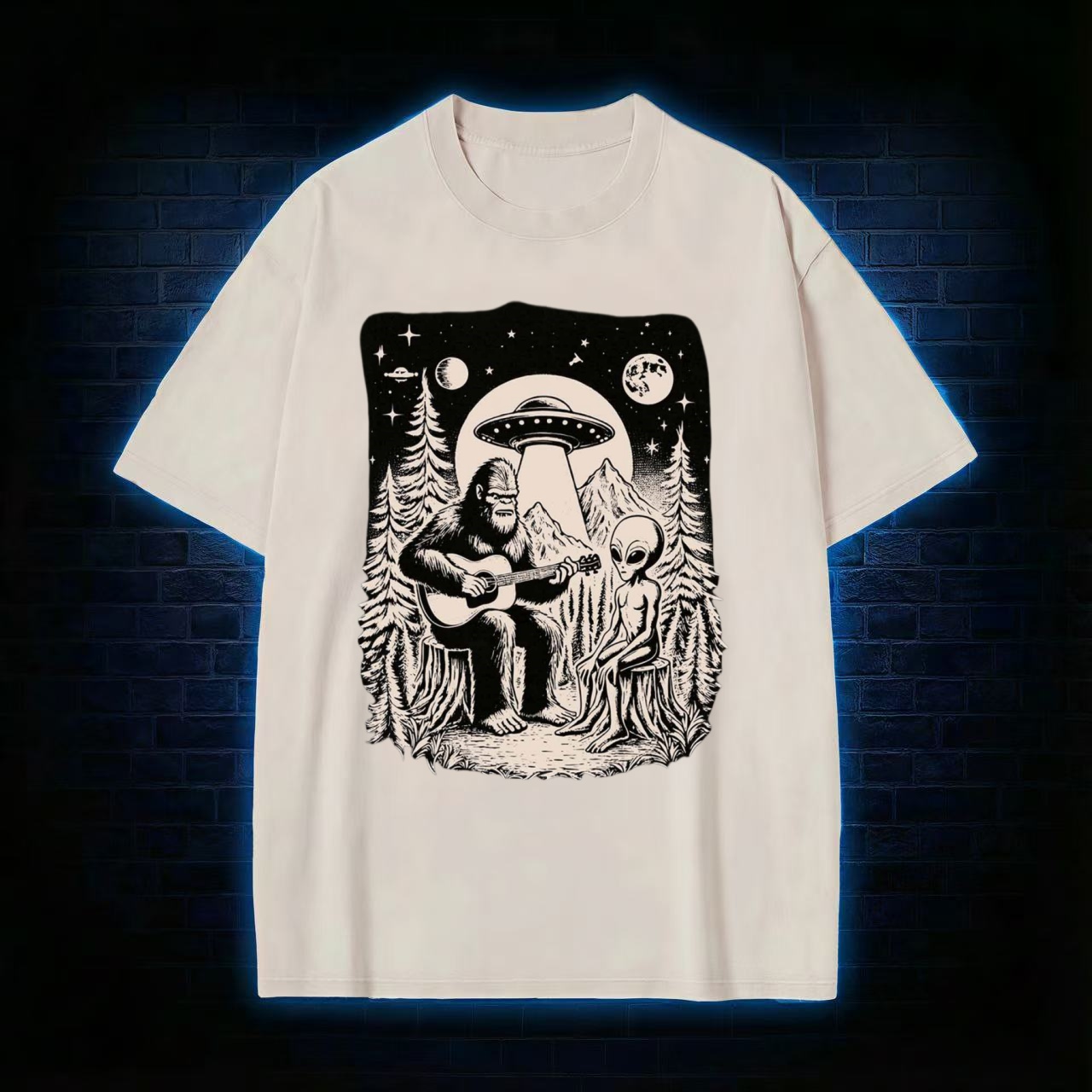 Bigfoot Playing Guitar With Alien and UFO Washed T-shirt